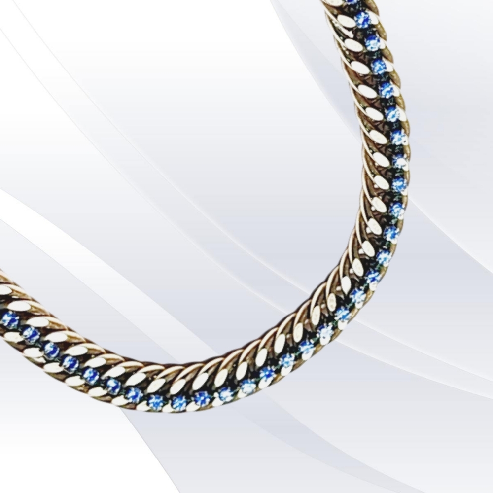 Solid Brass Chain Link Statement Choker With Blue… - image 1